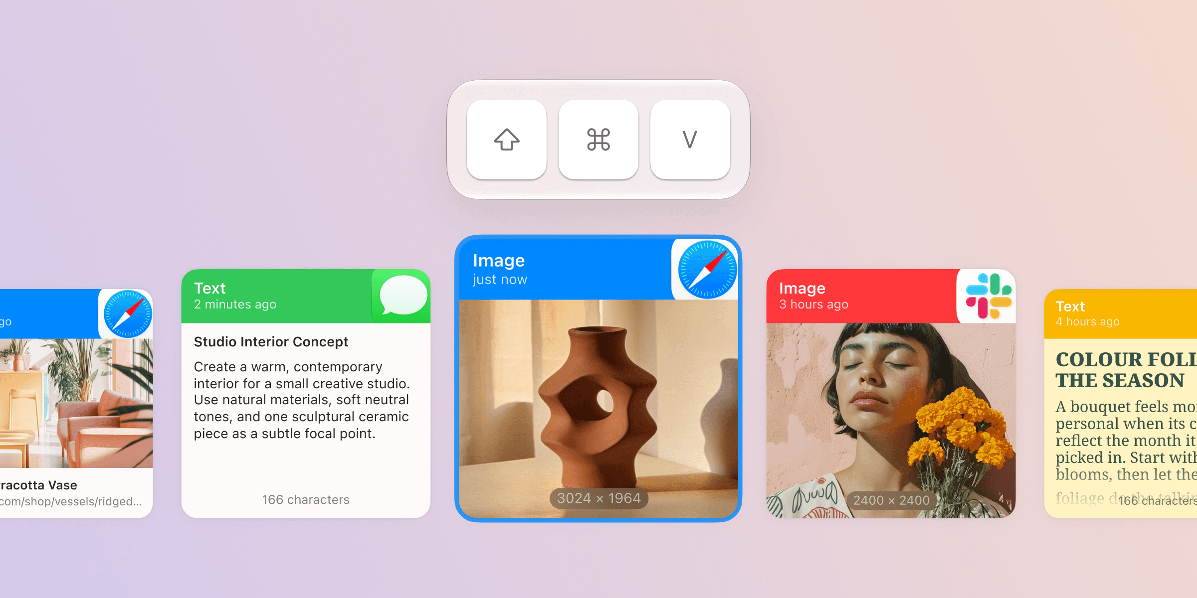 The Shift-Command-V keys above a row of clipboard items — images, notes and a link — each tagged with the app it was copied from