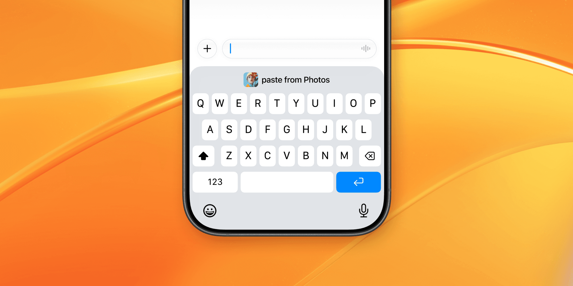 An iPhone showing the iOS 27 keyboard with a one-tap paste suggestion above the keys