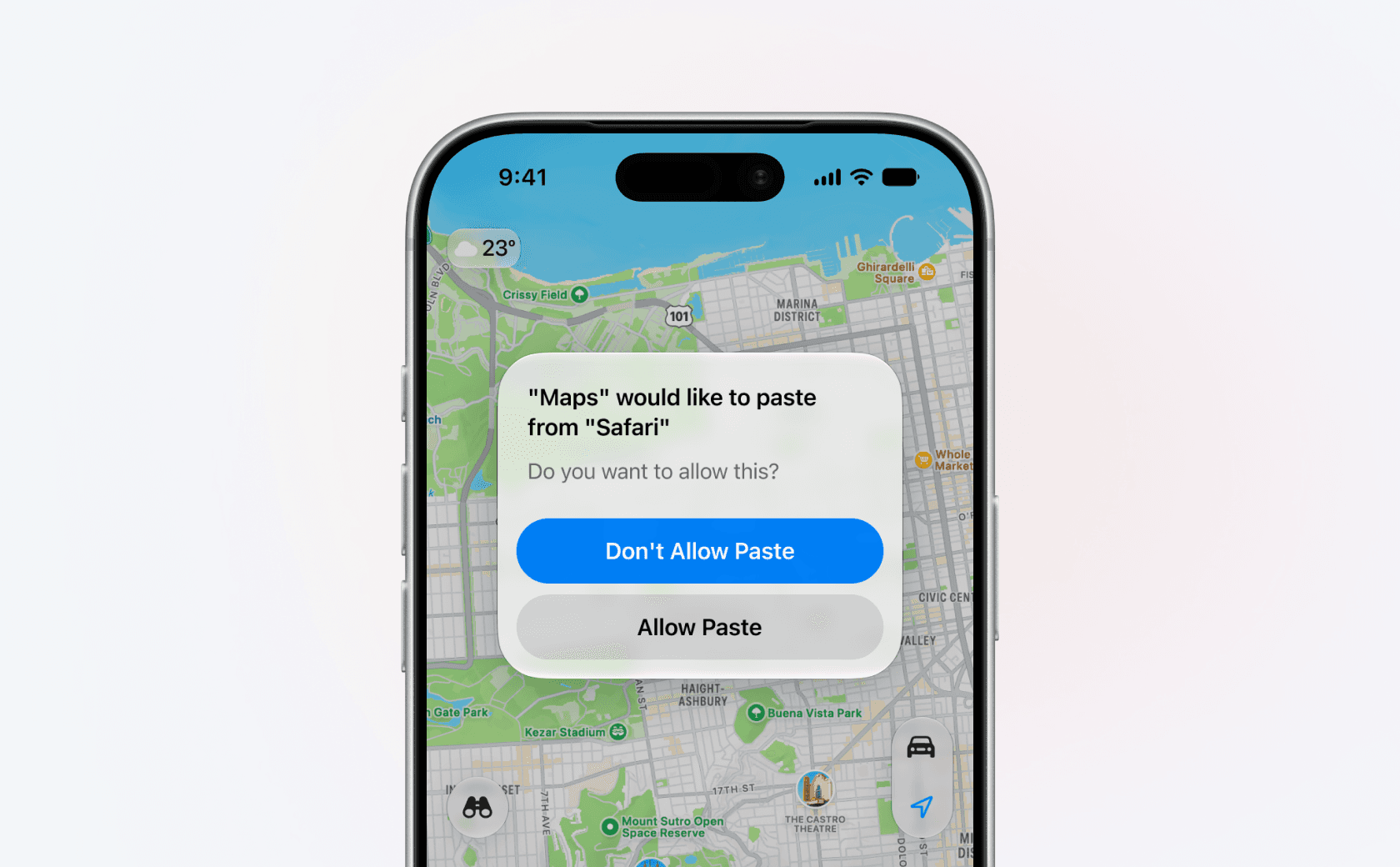The iOS Allow Paste alert on an iPhone over the Maps app, reading "Maps" would like to paste from "Safari", with Don't Allow Paste highlighted in blue and Allow Paste beneath it
