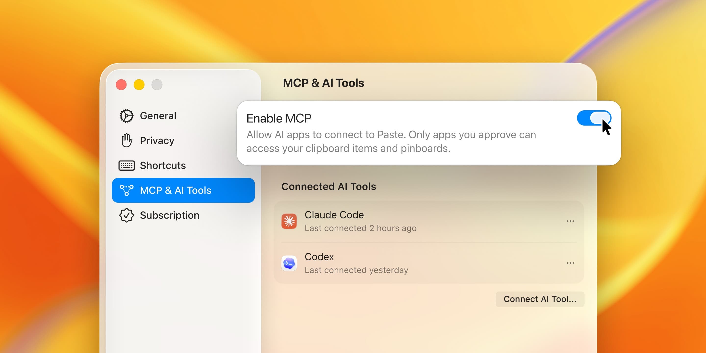 Paste settings showing the Enable MCP toggle and connected AI tools