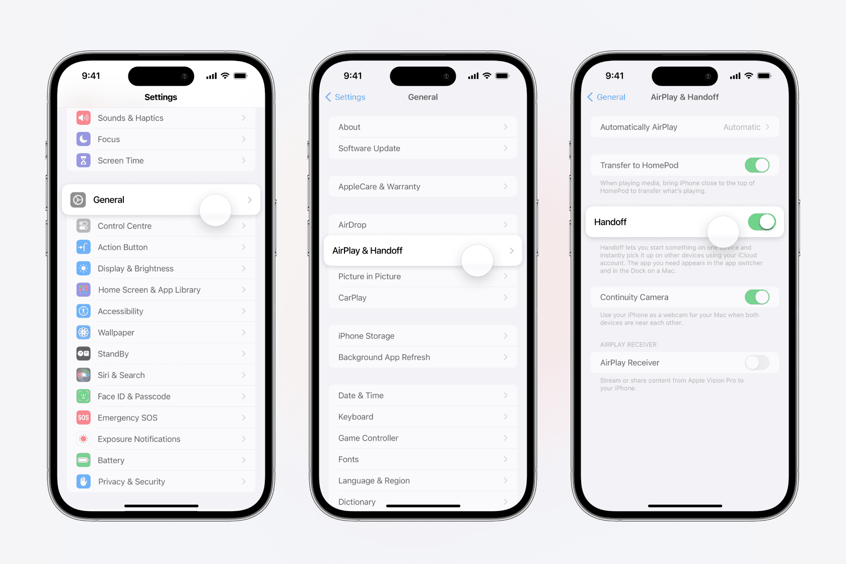 Handoff settings on Mac and iPhone, with Handoff turned on