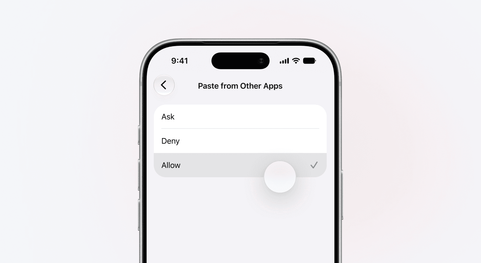 The Paste from Other Apps screen in iPhone Settings, listing Ask, Deny, and Allow, with Allow selected