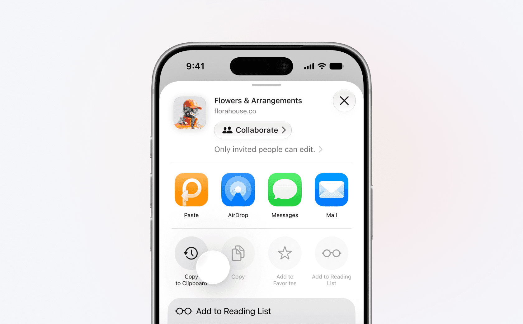 The iOS share sheet with the Copy to Clipboard action that sends copied content to Paste