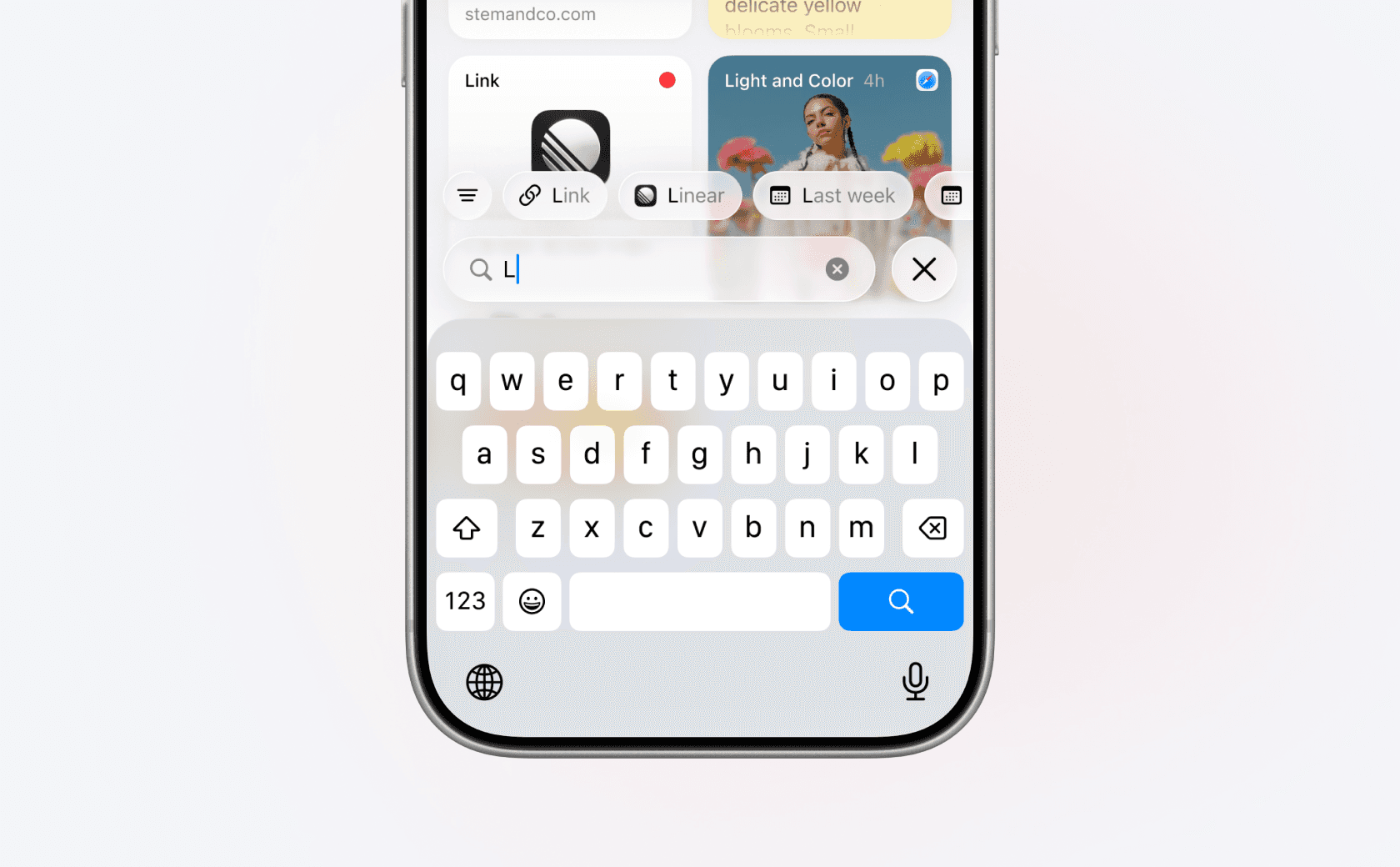 Searching clipboard history in Paste on iPhone, with the search field above the keyboard and filters for type, app, and date
