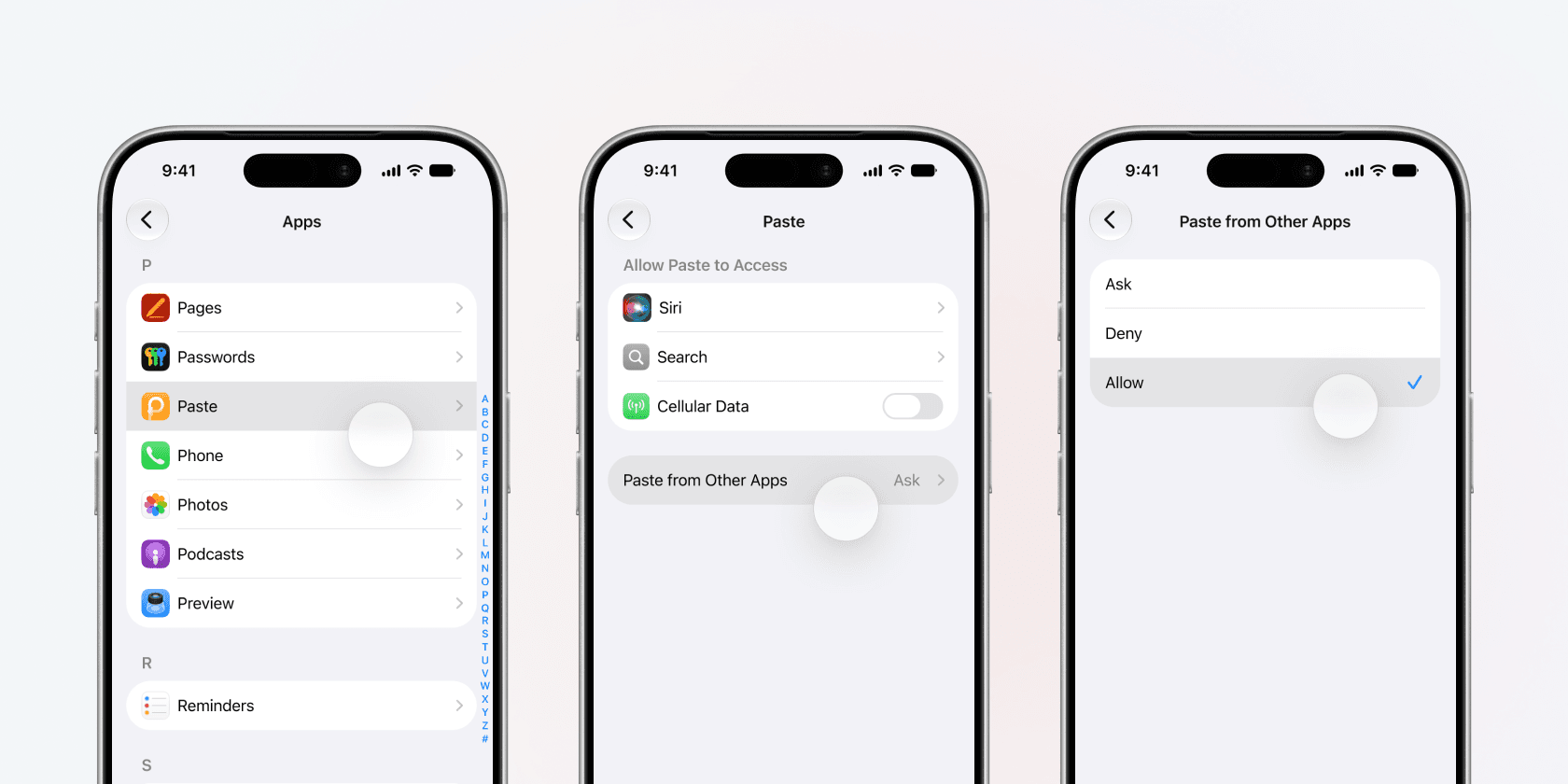 Three iPhone Settings screens: the Apps list with Paste selected, Paste's own settings page showing Paste from Other Apps set to Ask, and the Paste from Other Apps screen with Allow chosen