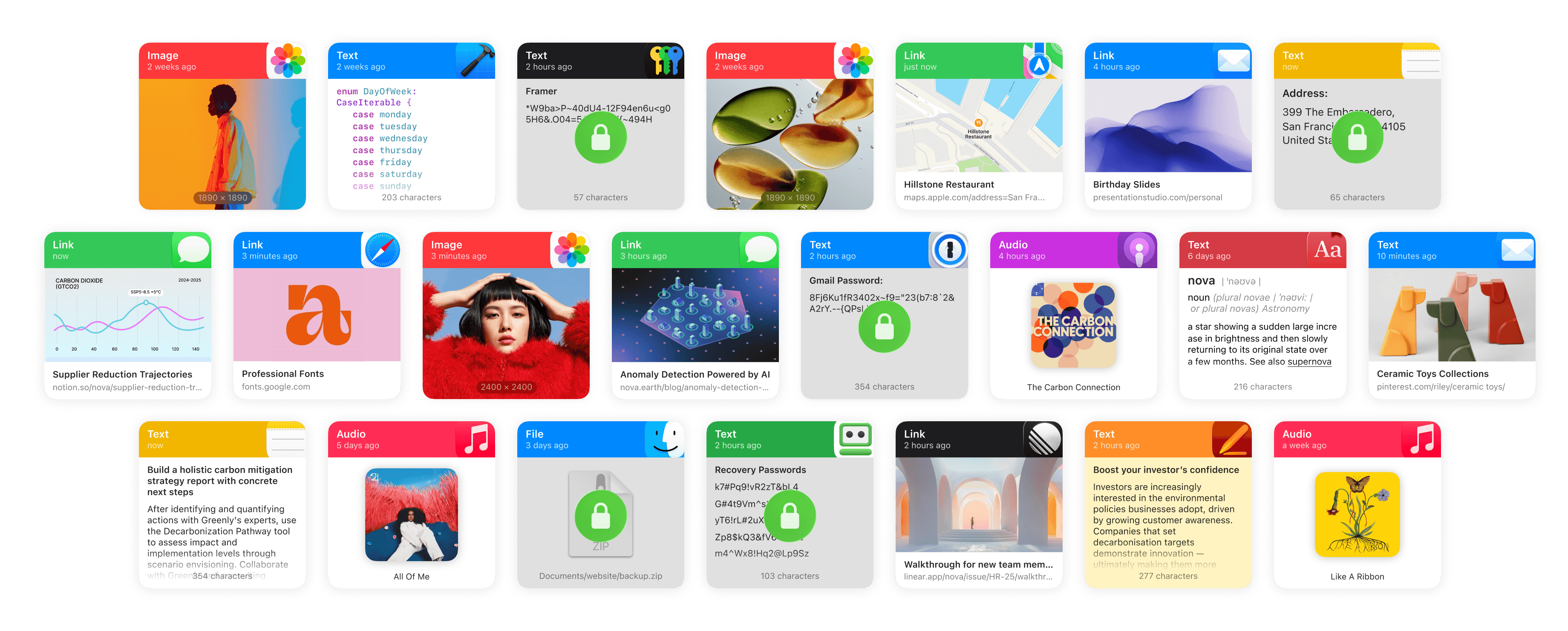 A fan of copied cards — links, images, notes and files — spread across the screen.