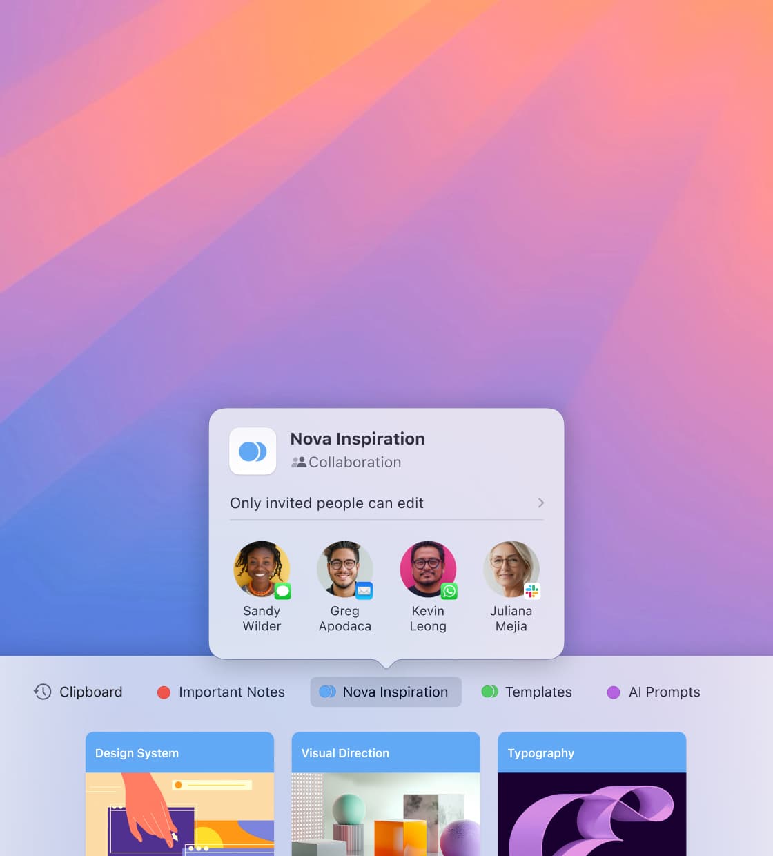A shared Nova Inspiration board with four collaborators