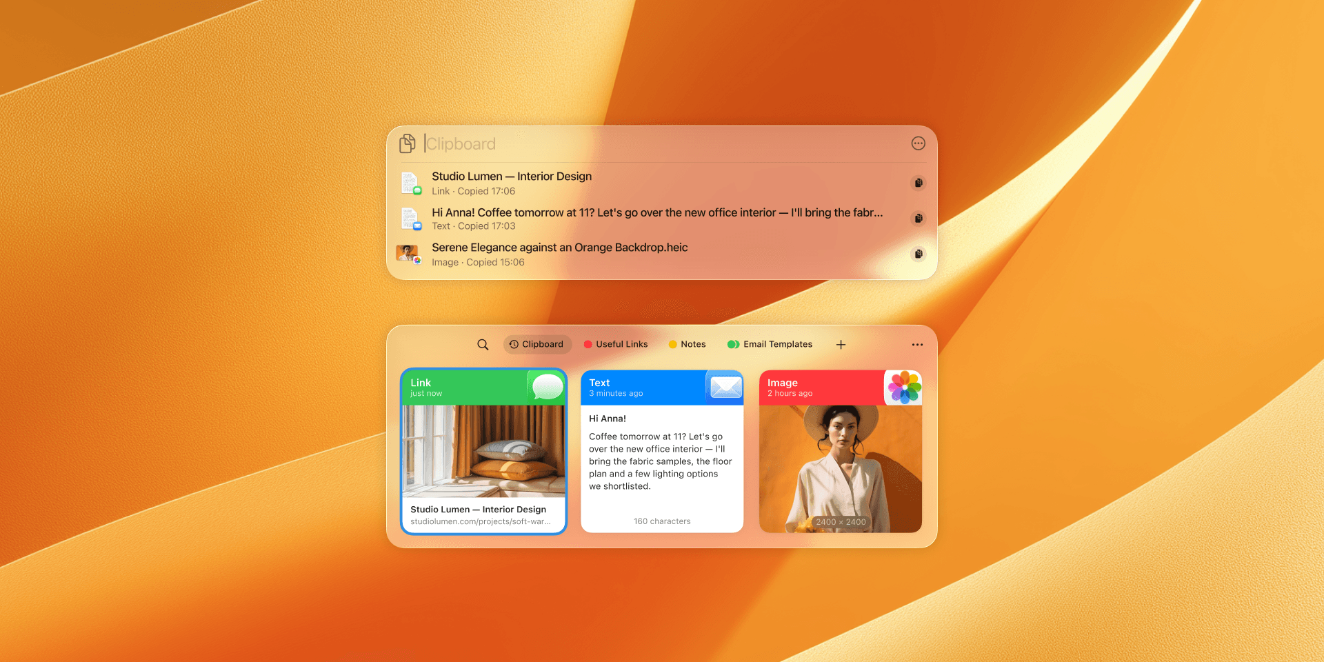 The macOS Tahoe clipboard history in Spotlight above Paste's clipboard and color-coded pinboards on a Mac