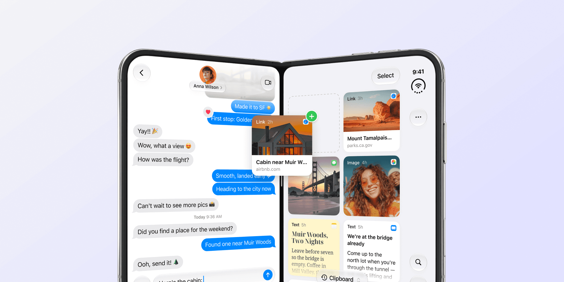 An unfolded iPhone Duo with a Messages chat with Anna Wilson on the left and Paste on the right, a cabin link card lifted out of Paste toward the chat