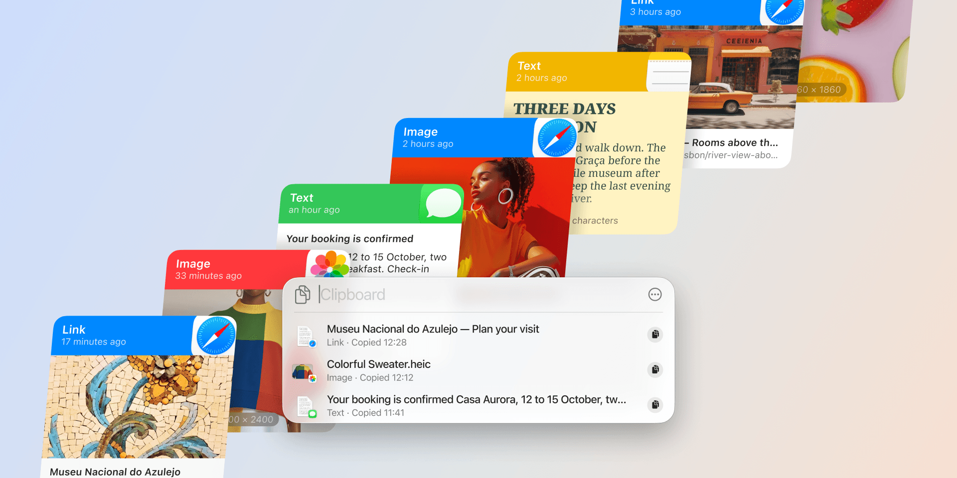 The macOS clipboard list in Spotlight in front of a fanned-out row of Paste cards holding links, images, and text
