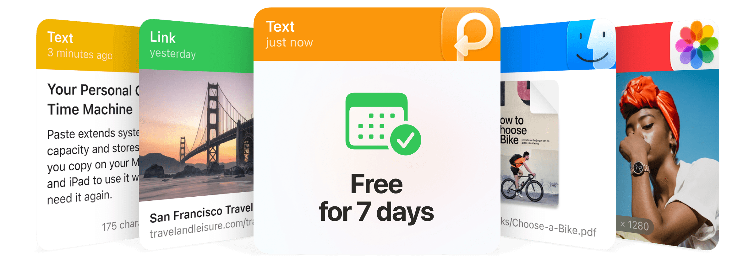 Paste clipboard history cards with a Free for 7 days card in front