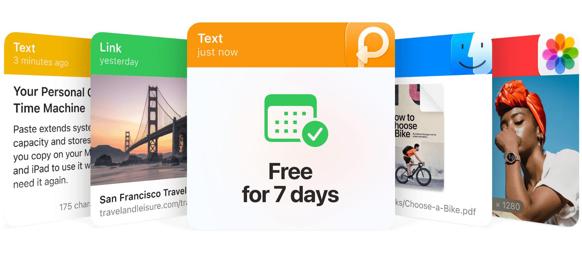 Paste clipboard history cards with a Free for 7 days card in front