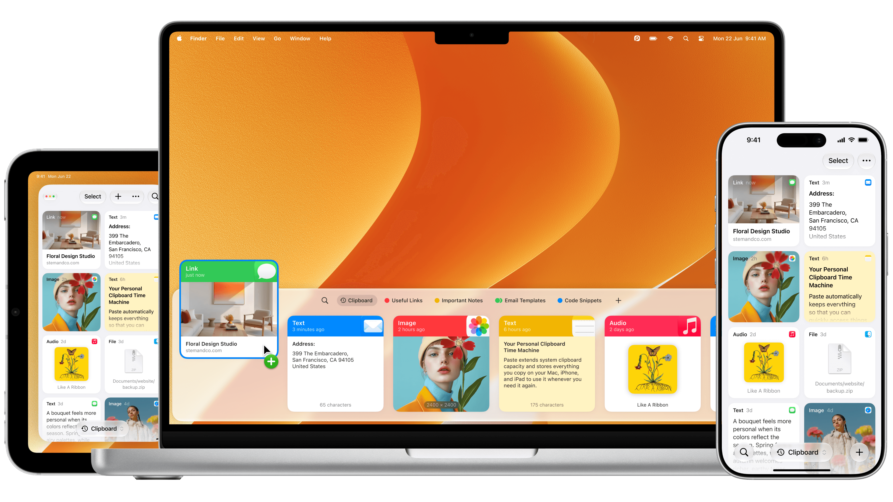 Paste on a MacBook, iPad and iPhone, each showing the clipboard history.