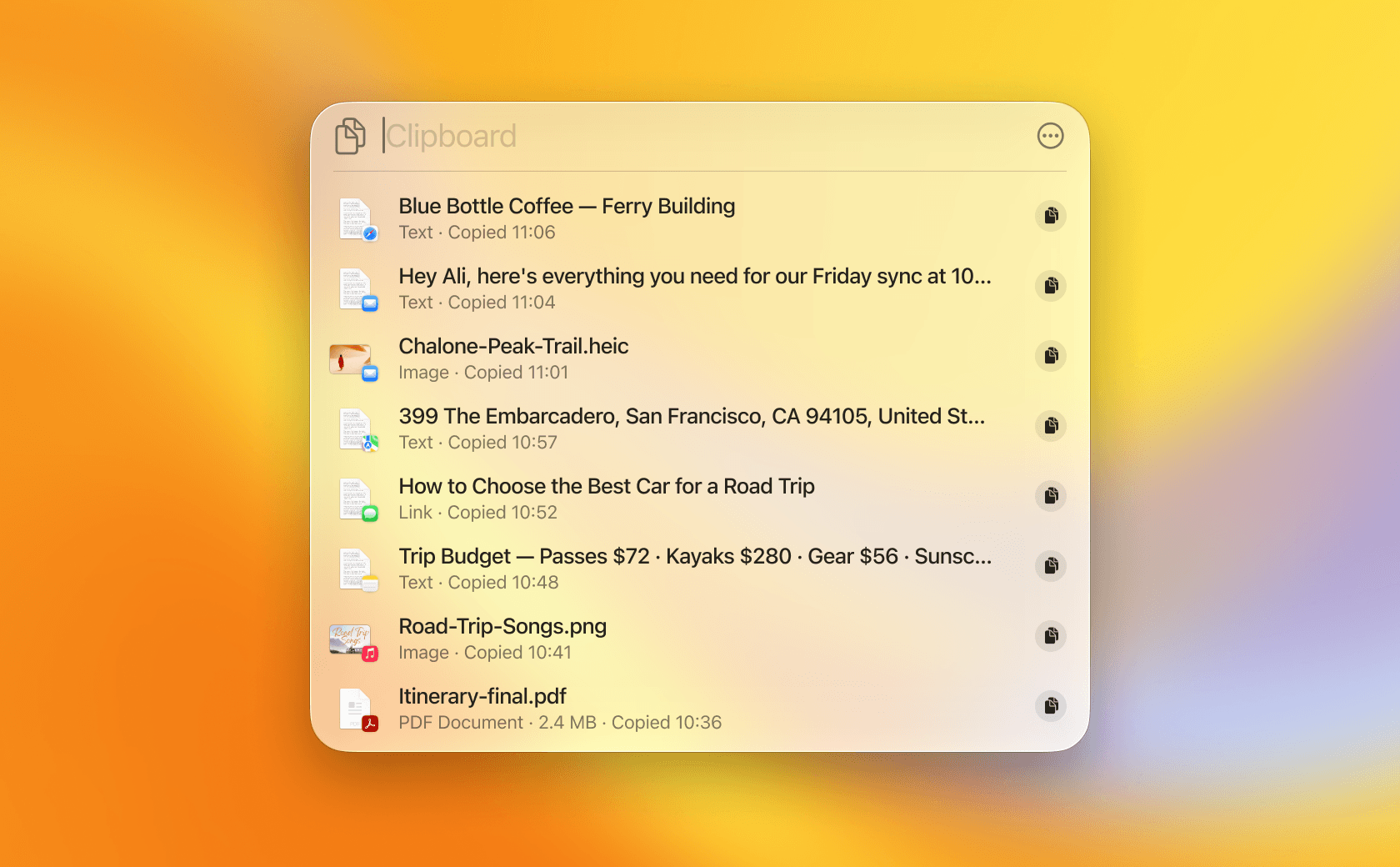 A plain clipboard history panel listing recently copied text, images, and a PDF, with no pinboards or organization