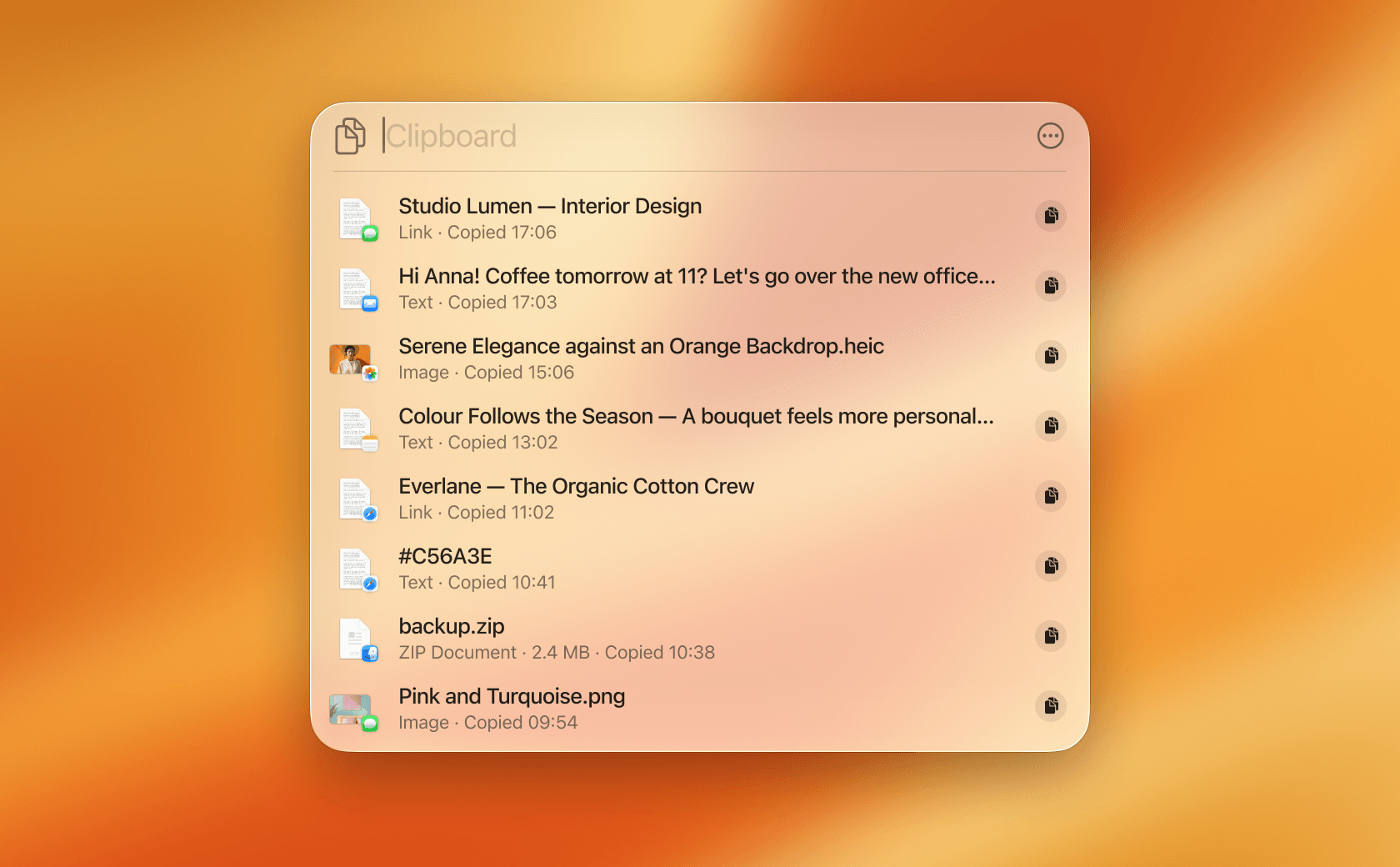 The macOS Tahoe clipboard history in Spotlight, a plain scrollable list of recently copied items including a link, a message, an image, a color, and a ZIP file, with no pinboards or grouping