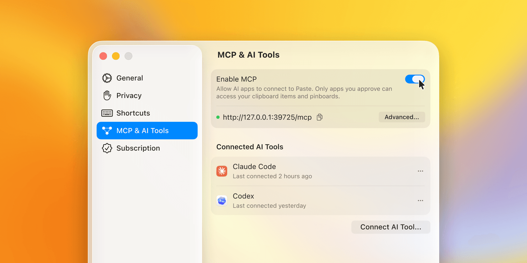 The Paste MCP settings panel, showing the Enable MCP toggle, the local server address, and connected AI tools Claude Code and Codex