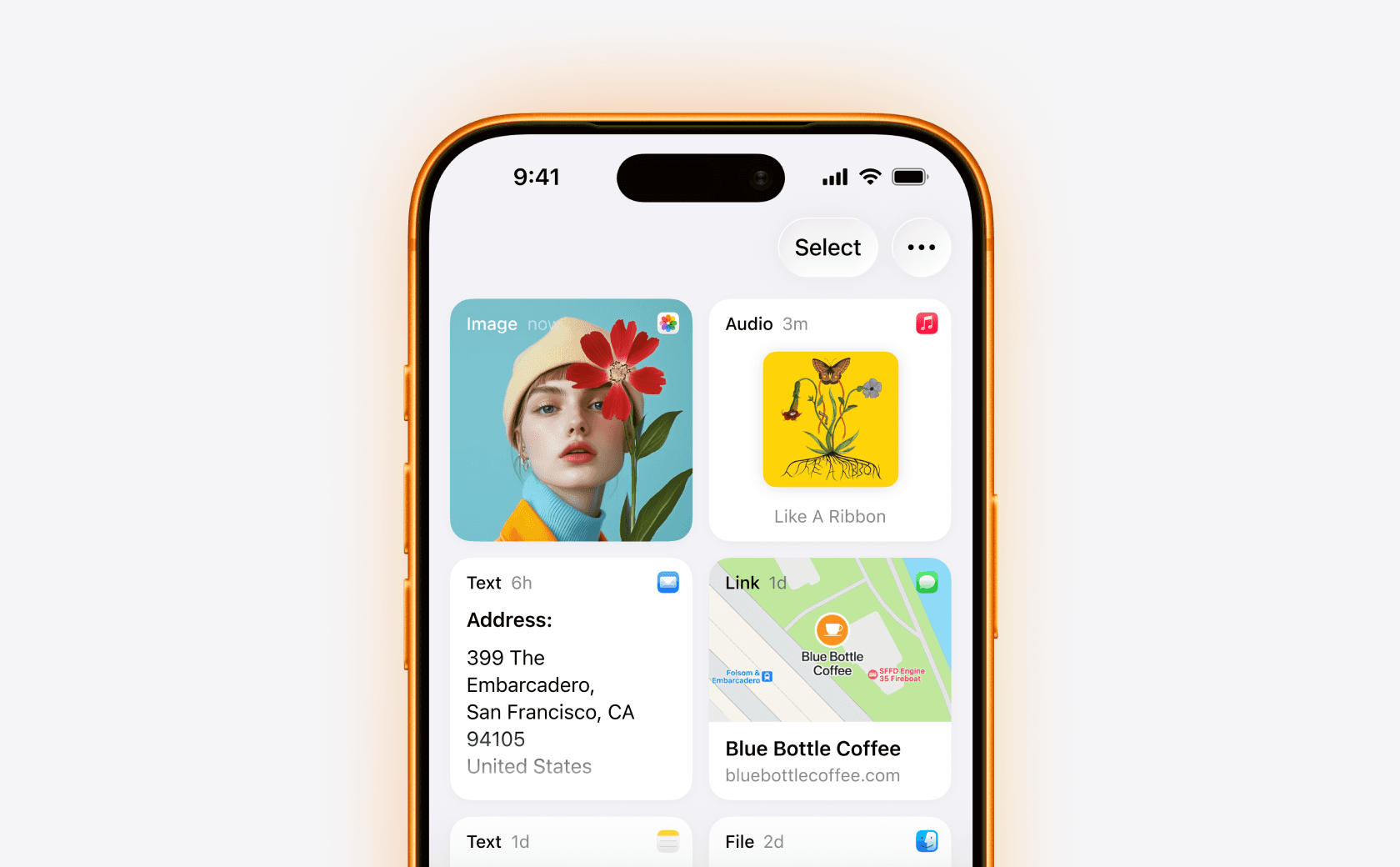 The Paste app on iPhone showing clipboard history as a grid of recent copies — an image, an audio track, an address, and a link — each tagged with how long ago it was copied.