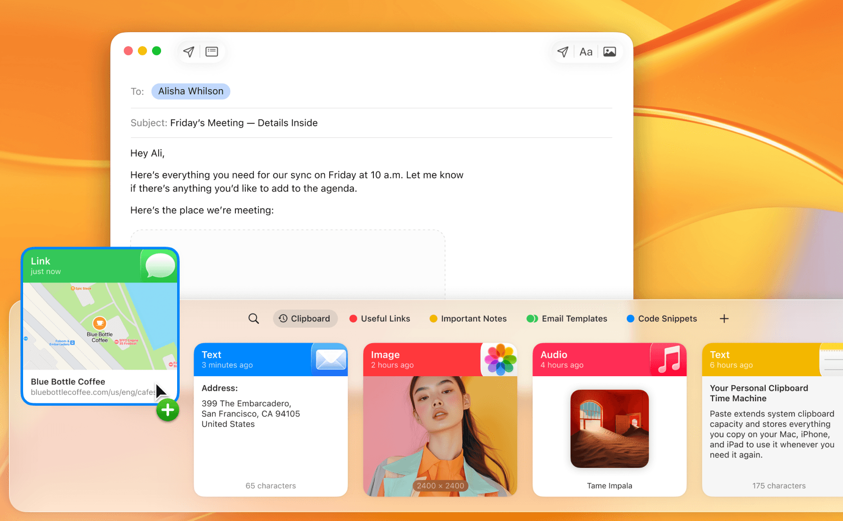 Paste on a Mac next to a Mail compose window, its clipboard history and color-coded pinboards of links, notes, and snippets ready to drag in