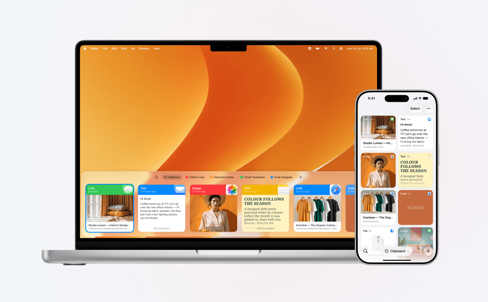 Paste open on a Mac with its clipboard history and color-coded pinboards of links, notes, and email templates, and an iPhone beside it showing the same history in sync