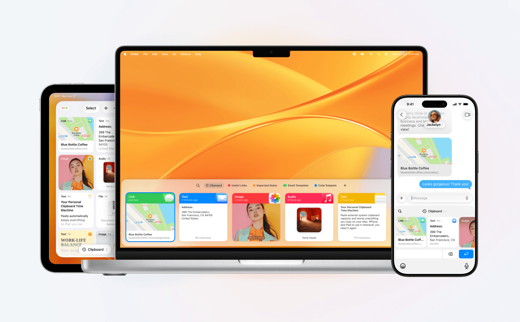 The same Paste clipboard history in sync across a Mac, an iPhone, and an iPad shown side by side