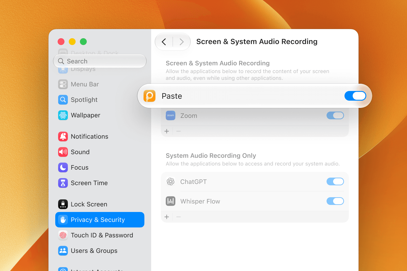 System Settings, Screen & System Audio Recording, with Paste turned on