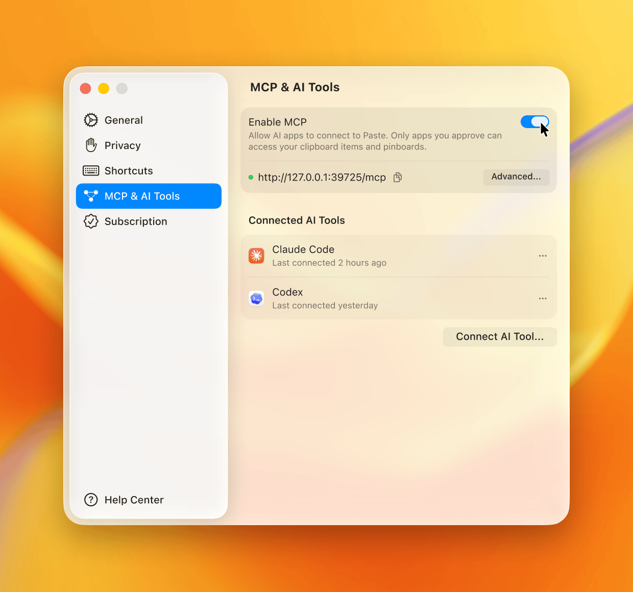 Paste MCP & AI Tools settings panel
